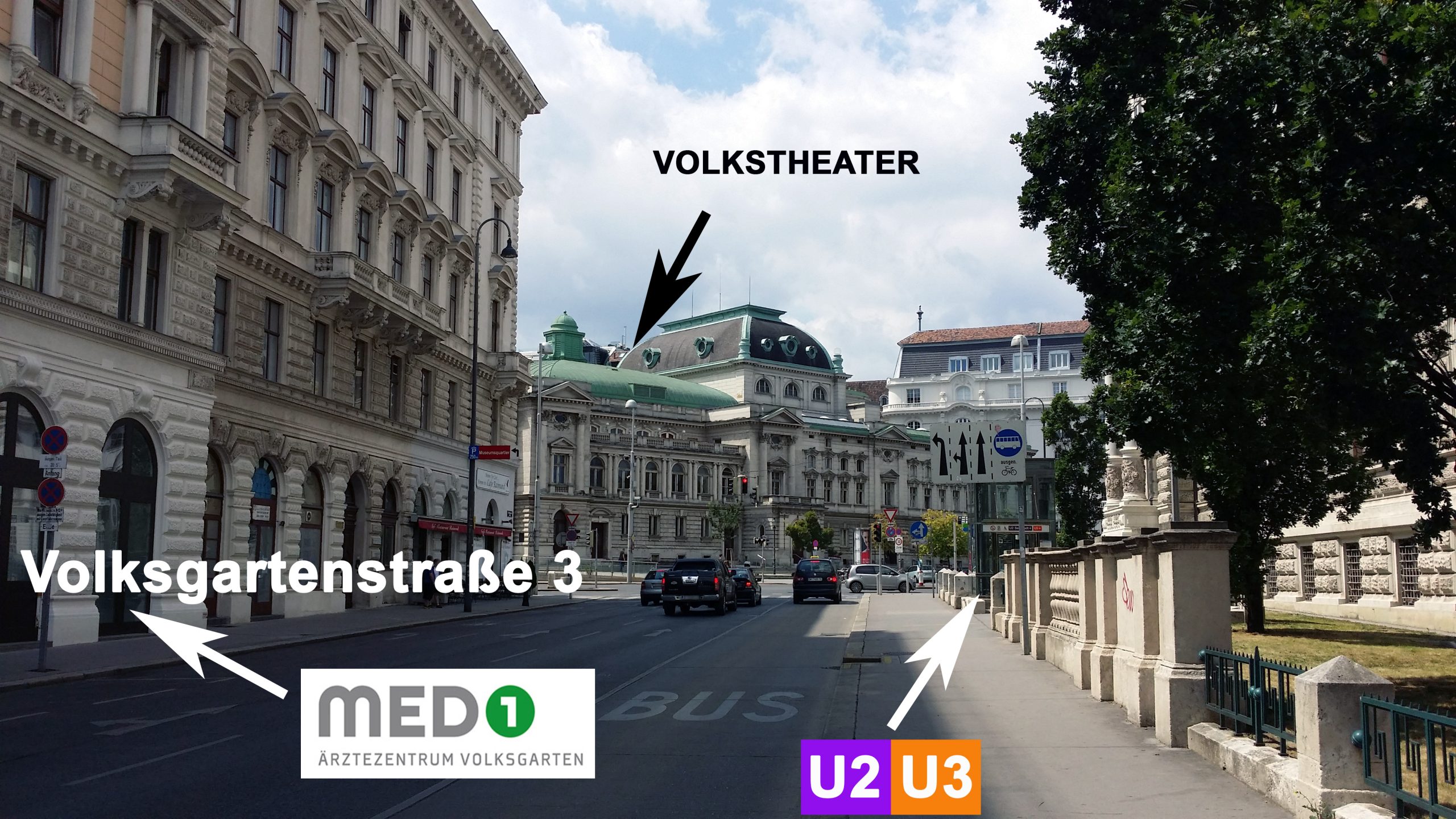 Ein Blick von Außen auf die Volksgartenstraße 3/2 in 1010 Wien gegenüber von der Ordination Univ. Prof. Dr. Fahmy Aboulenein-Djamshidian. Der Betrachter sieht Richtung Volkstheater. Am Eck gegenüber ist das Cafe Raimund zu sehen. Pfeile zeigen die Ordination MED-1 Ärztezentrum Volksgarten, den U-Bahn Ausgang der U2 und U3 der U-Bahnstation Volkstheater und das Volkstheater.